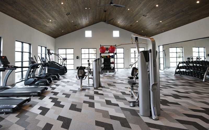Fitness center with free weights, treadmills and ellipticals.