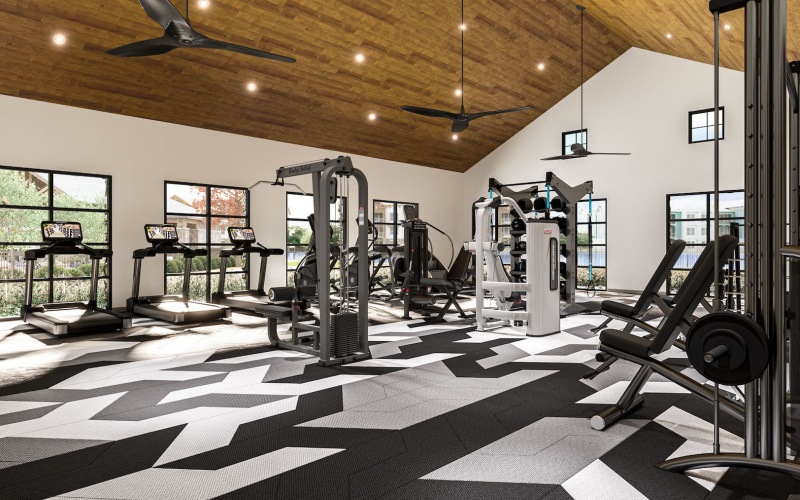 rendering of fitness center showing high ceilings, modern decor and equipment
